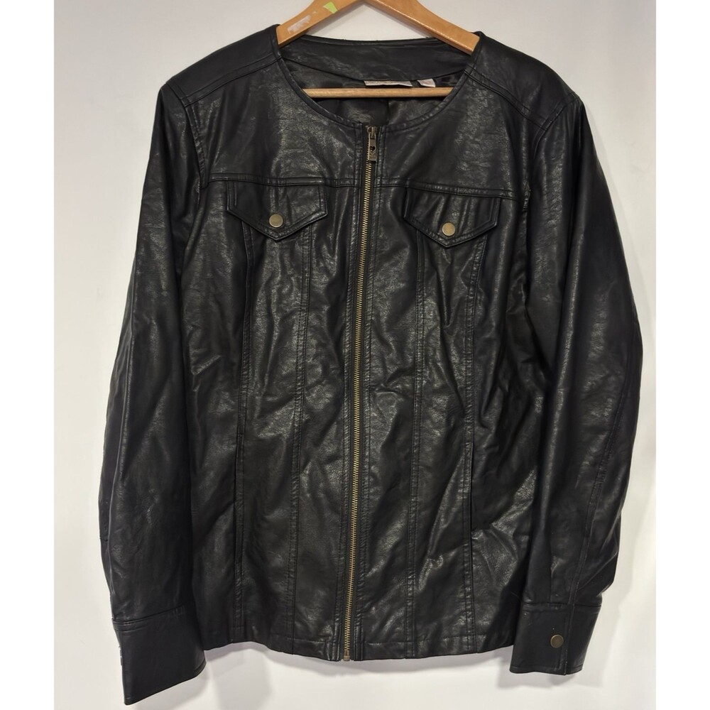 Belle by Kim Gravel Black Faux Leather Moto Jacket L Zip Front Biker Goth Edgy